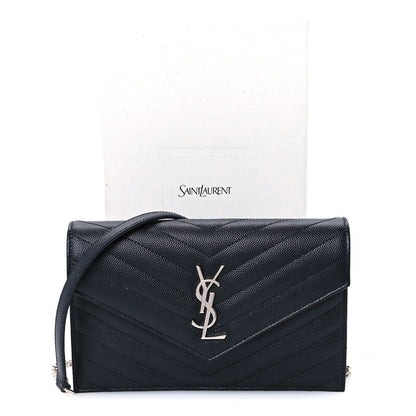 Saint Laurent Grain De Poudre Matelasse Chevron Monogram Envelope Chain Wallet Black 9 of 9