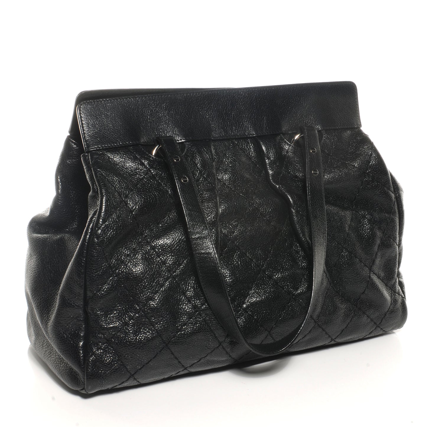 Glazed Calfskin Large On The Road Large Frame Tote Black