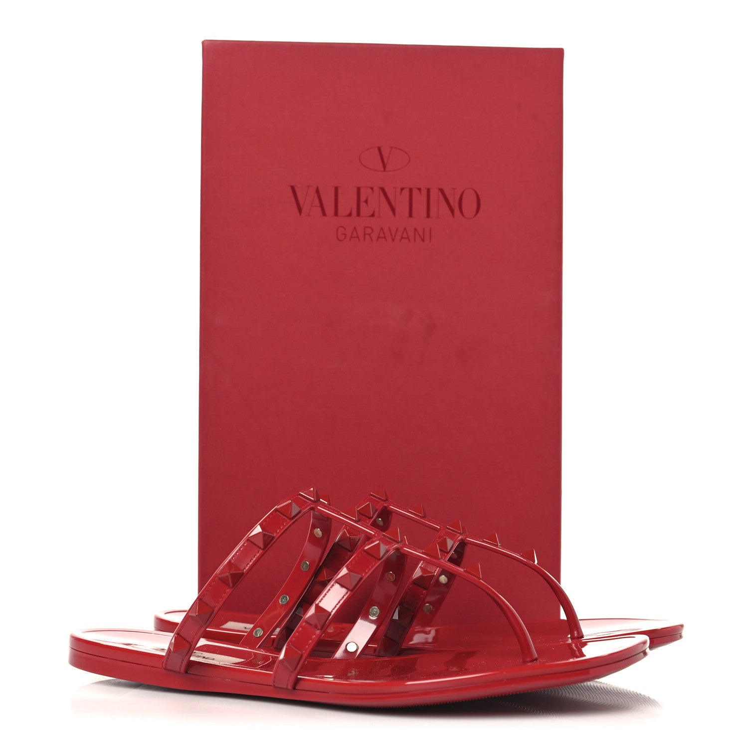 Valentino Garavani PVC Jelly Monochrome Rockstud Caged Flat Thong Sandals 38 Rosso 9 of 9