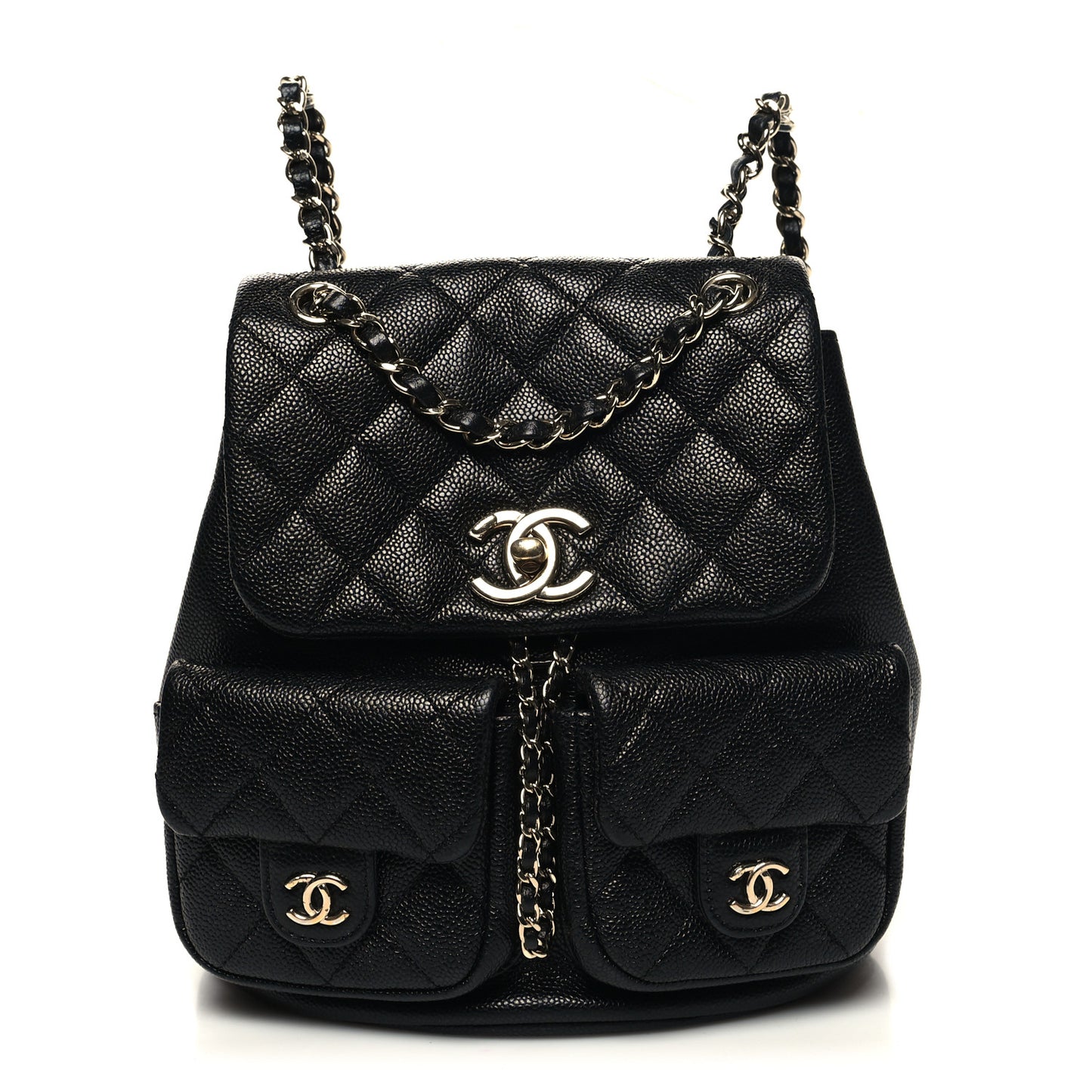 Shiny Caviar Quilted Medium Duma Pockets Drawstring Backpack Black