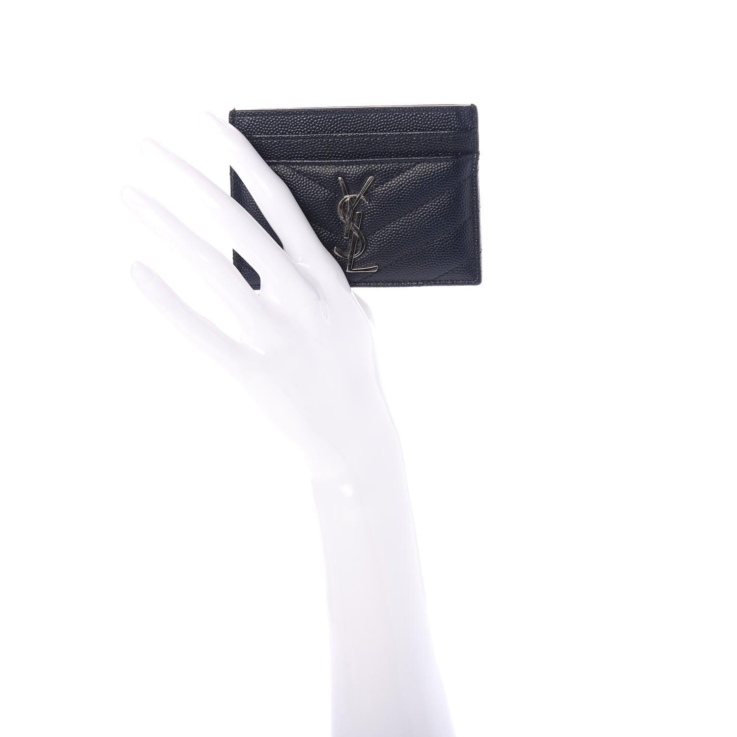 Saint Laurent Grain De Poudre Matelasse Monogram Chevron Credit Card Case Deep Marine 2 of 12