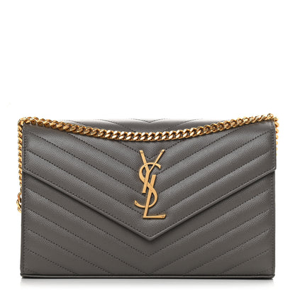 Saint Laurent Grain De Poudre Matelasse Chevron Monogram Chain Wallet Fog 1 of 12