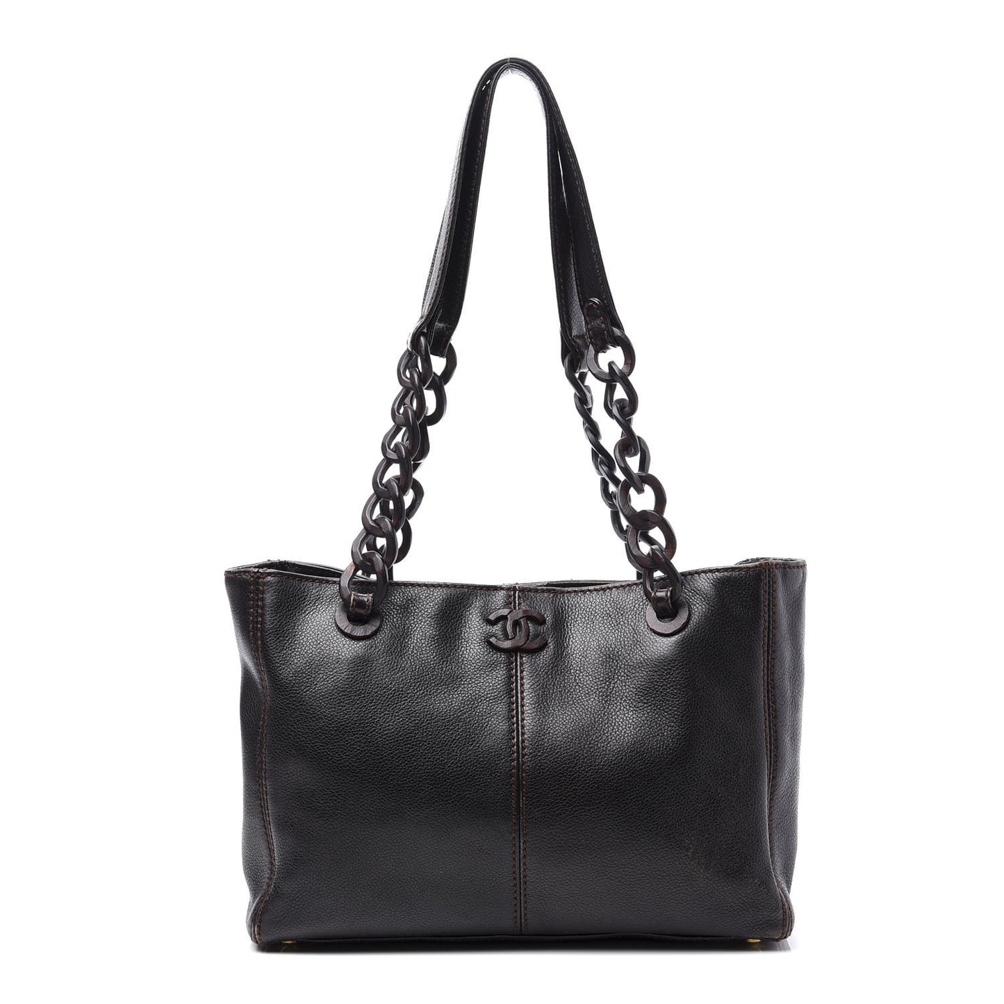 Calfskin Wood Chain Tote Black