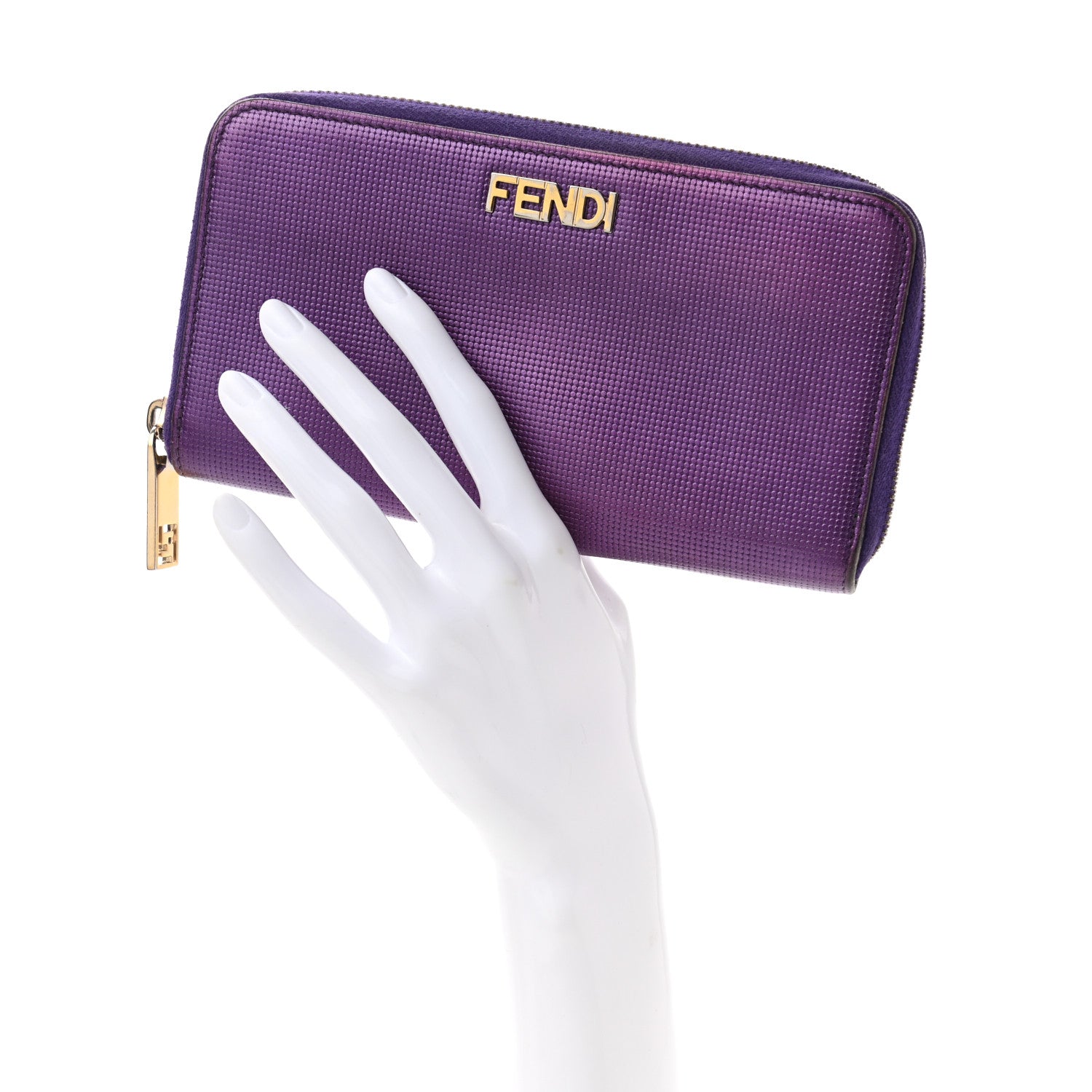Fendi Metallic Textured Calfskin Zip Around Wallet Purple 2 of 12