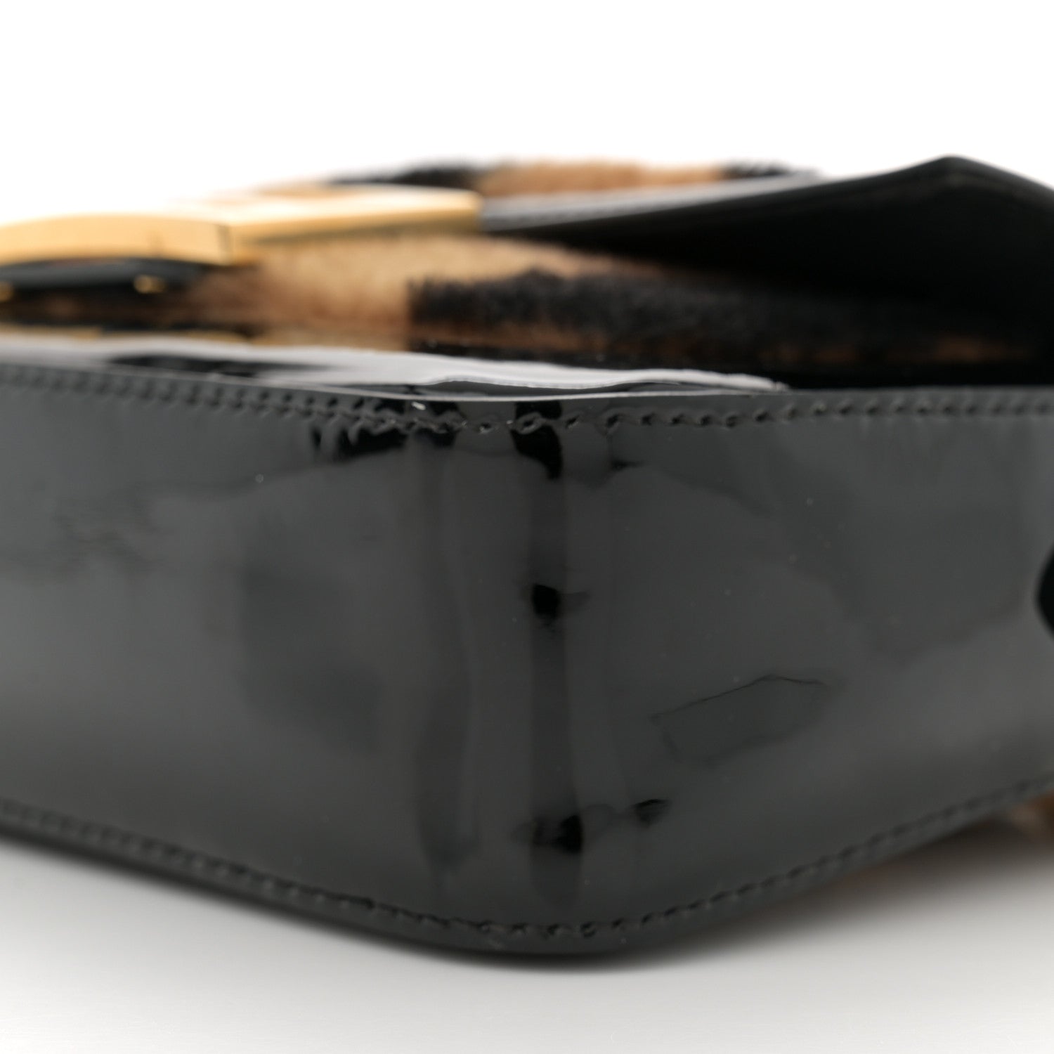 Fendi Shearling Vitello Vernice Mou Pequin Striped Mini Baguette Tobacco Black 10 of 10