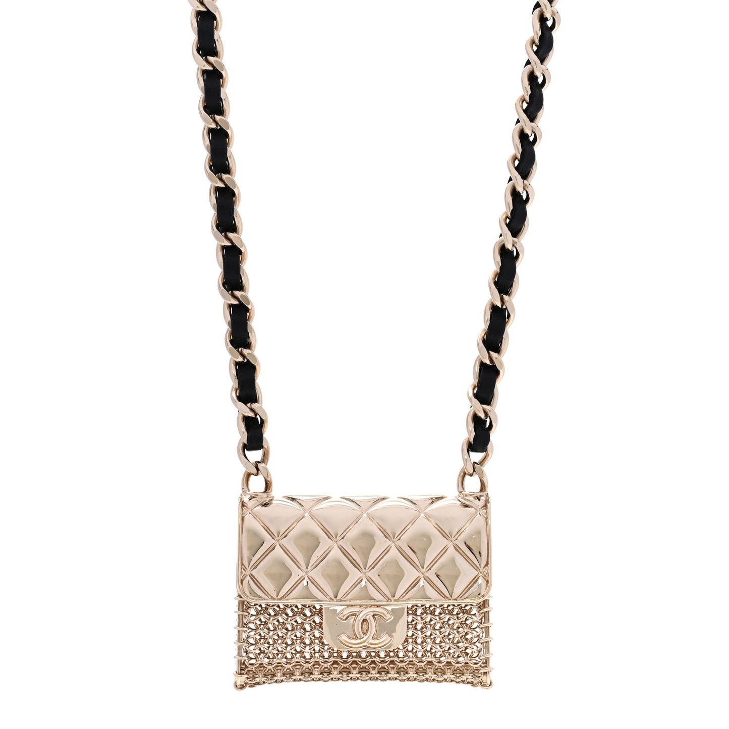 Metal Lambskin Chain Micro Bag Necklace Gold Black