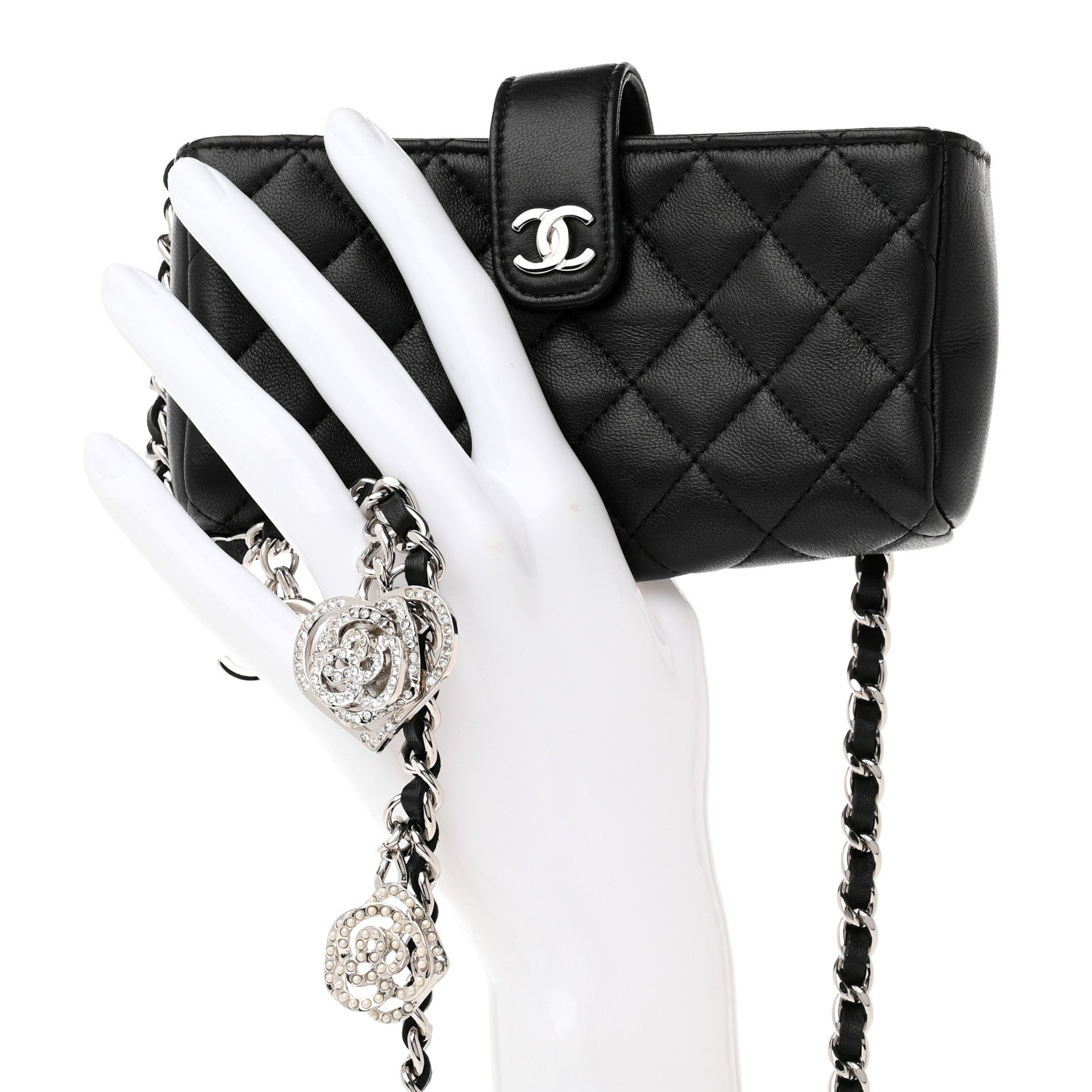 Chanel Lambskin Quilted Crystal Valentine Charms Mini Phone Holder Crossbody Bag Black 2 of 10