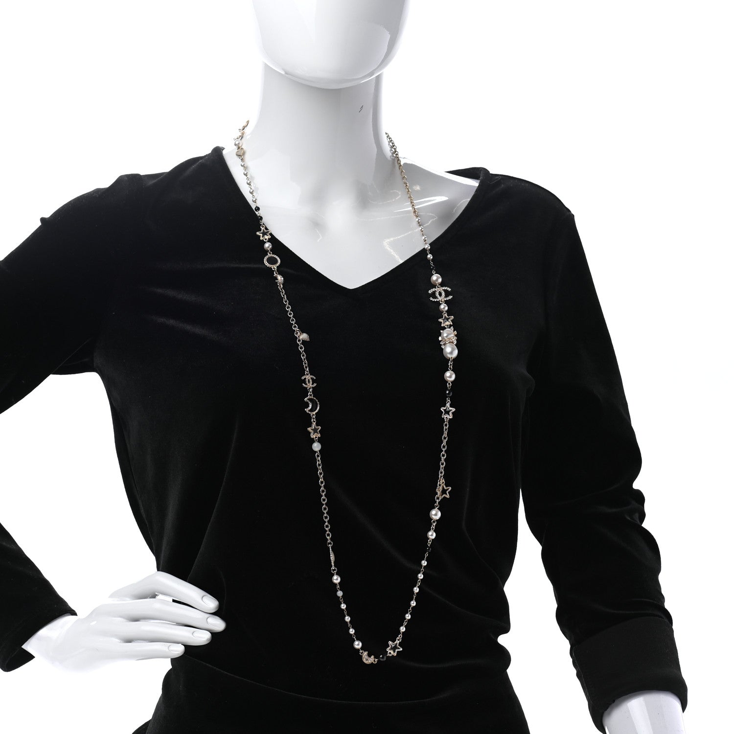 Chanel Pearl Crystal Poured Glass CC Star Moon Necklace Gold Black Multicolor 2 of 6