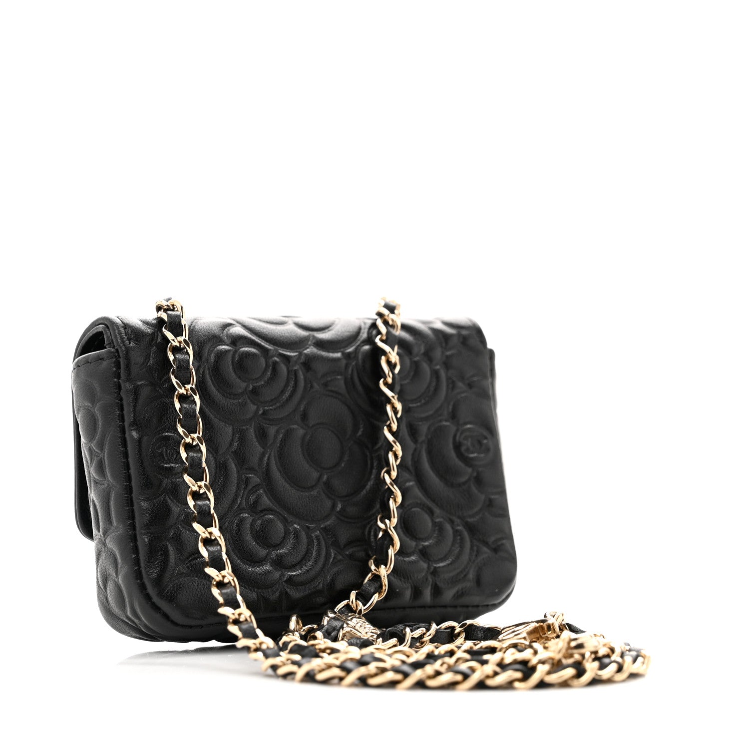 Chanel Lambskin Camellia Embossed Chain Belt Bag Black 3 of 12