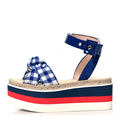 Gucci Patent Cotton Gingham Sefir Espadrille Platform Sandals 38 Blue White 1 of 10