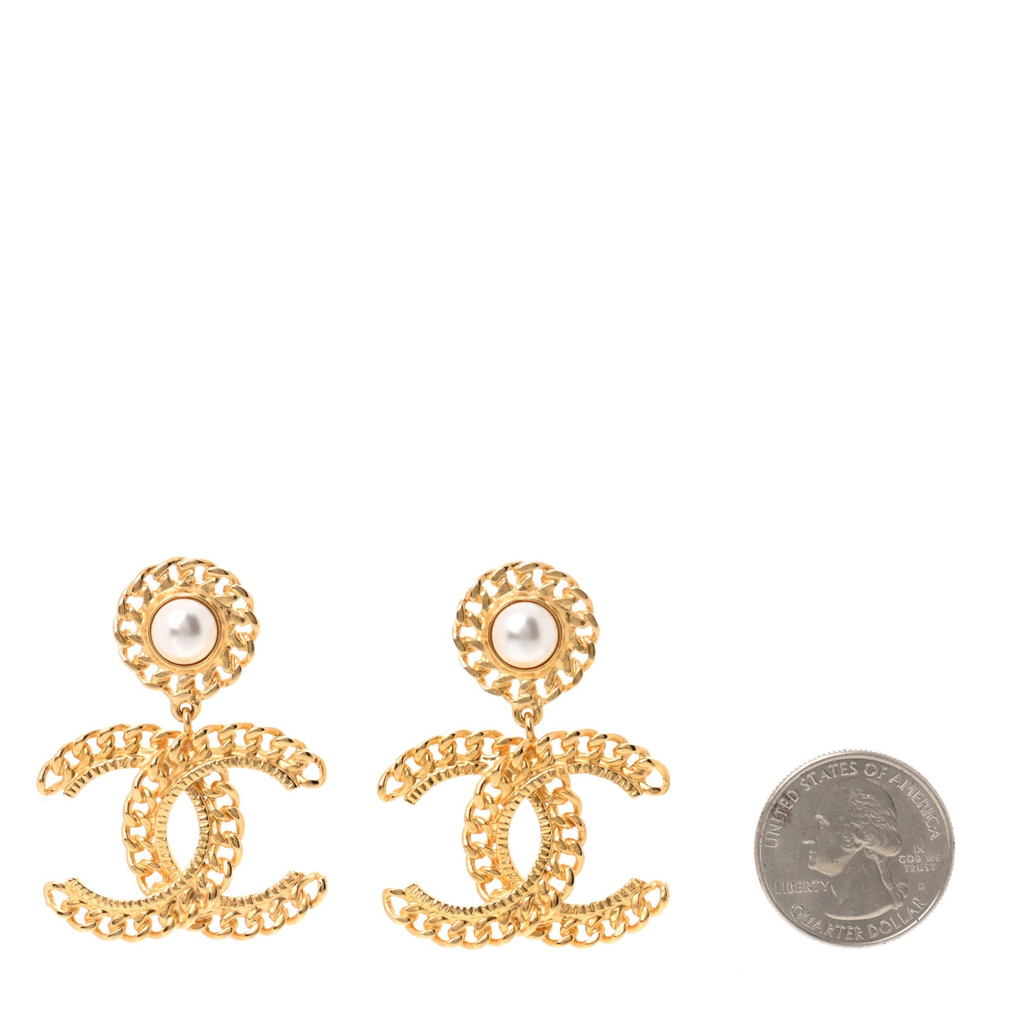 Metal Pearl CC Chain Drop Earrings Gold
