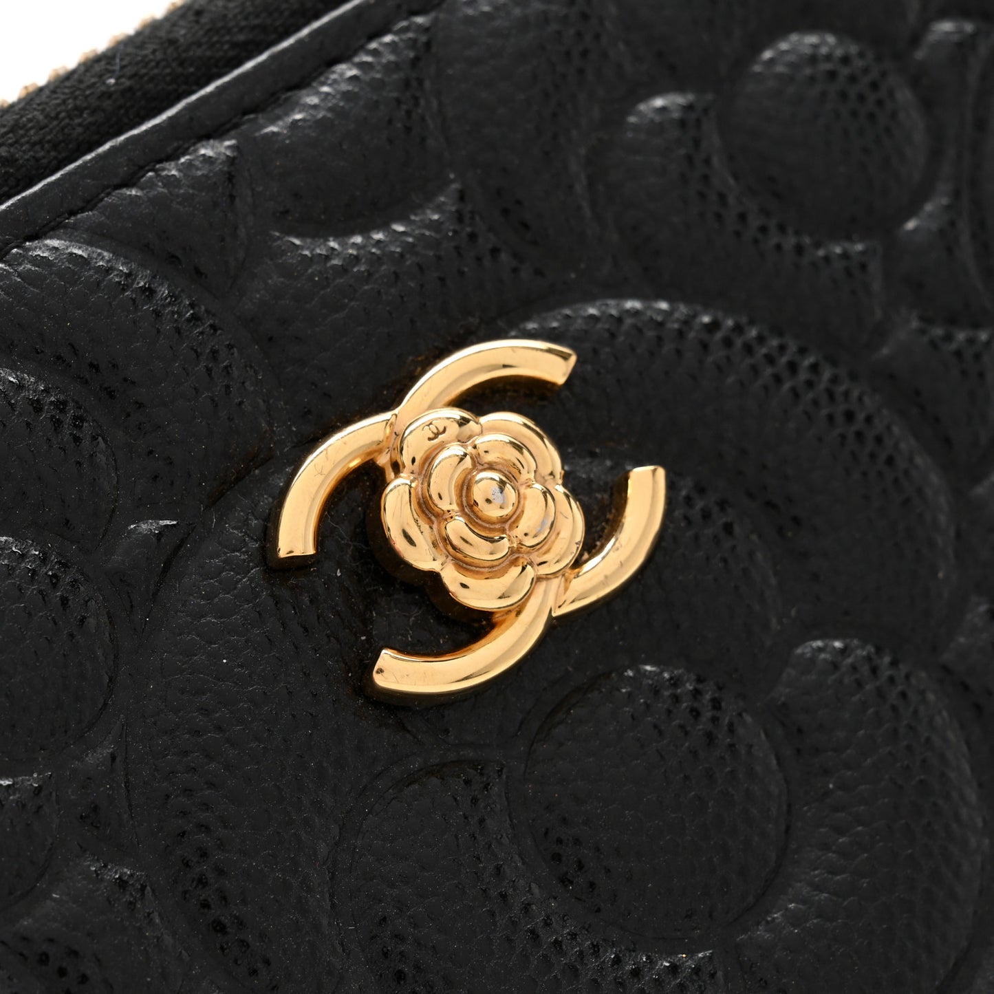 Caviar Camellia Embossed Large Zip Around Gusset Wallet Black