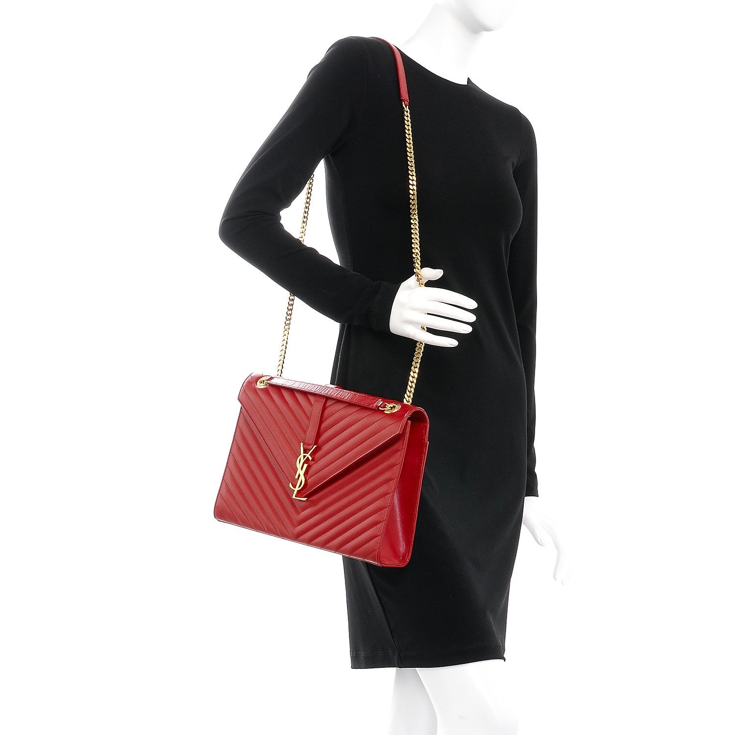 Saint Laurent Grain De Poudre Matelasse Chevron Large Monogram Satchel Lipstick Red 3 of 12