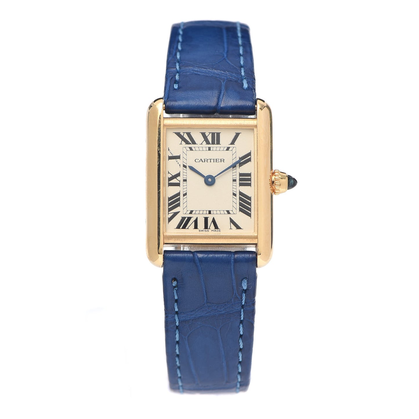 18K Yellow Gold Alligator 20mm Tank Louis Quartz Watch Blue