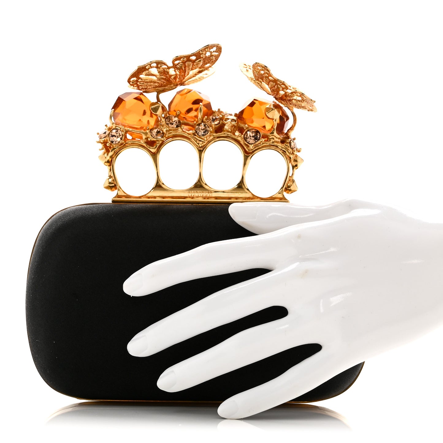 Satin Butterfly Knuckle Duster Box Clutch Black