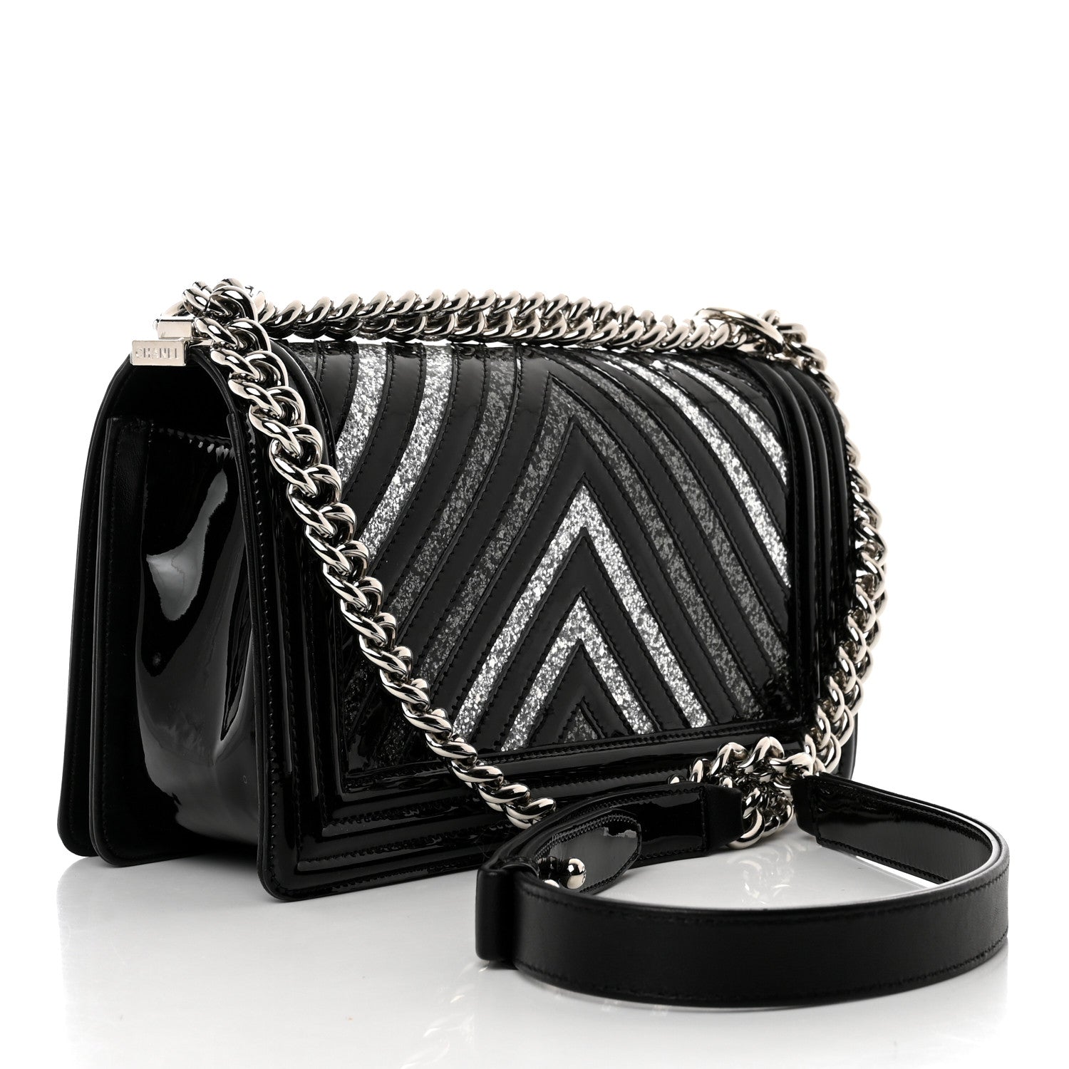 Chanel Patent Glitter PVC Chevron Quilted Medium Boy Flap Black Silver 3 of 10