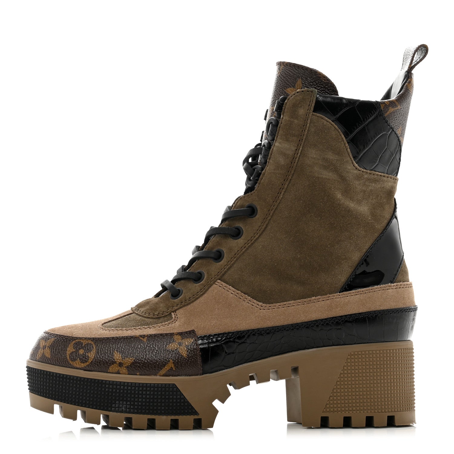 Louis Vuitton Suede Calfskin Crocodile Embossed Patent Monogram Laureate Platform Desert Boots 38 Taupe 1 of 8