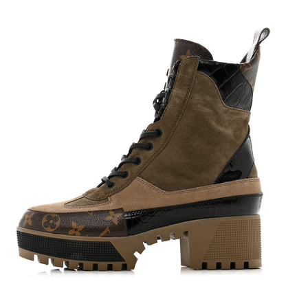 Louis Vuitton Suede Calfskin Crocodile Embossed Patent Monogram Laureate Platform Desert Boots 38 Taupe 1 of 8