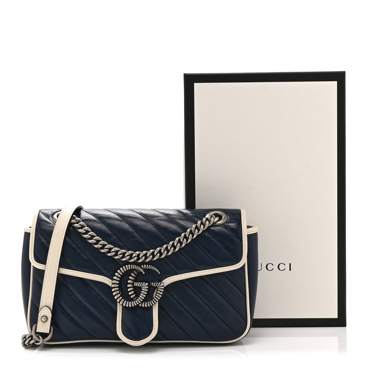 Vintage Effect Calfskin Matelasse Diagonal Small Torchon GG Marmont Shoulder Bag Blue Agata Mystic White