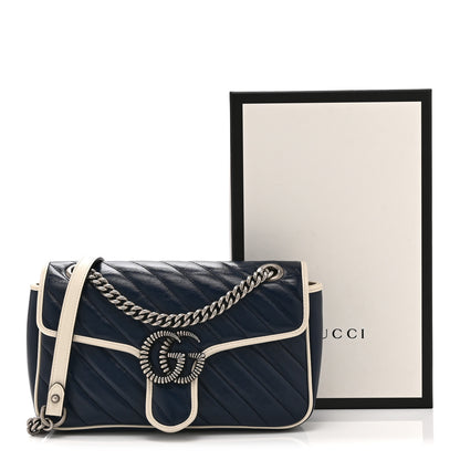 Gucci Vintage Effect Calfskin Matelasse Diagonal Small Torchon GG Marmont Shoulder Bag Blue Agata Mystic White 12 of 12