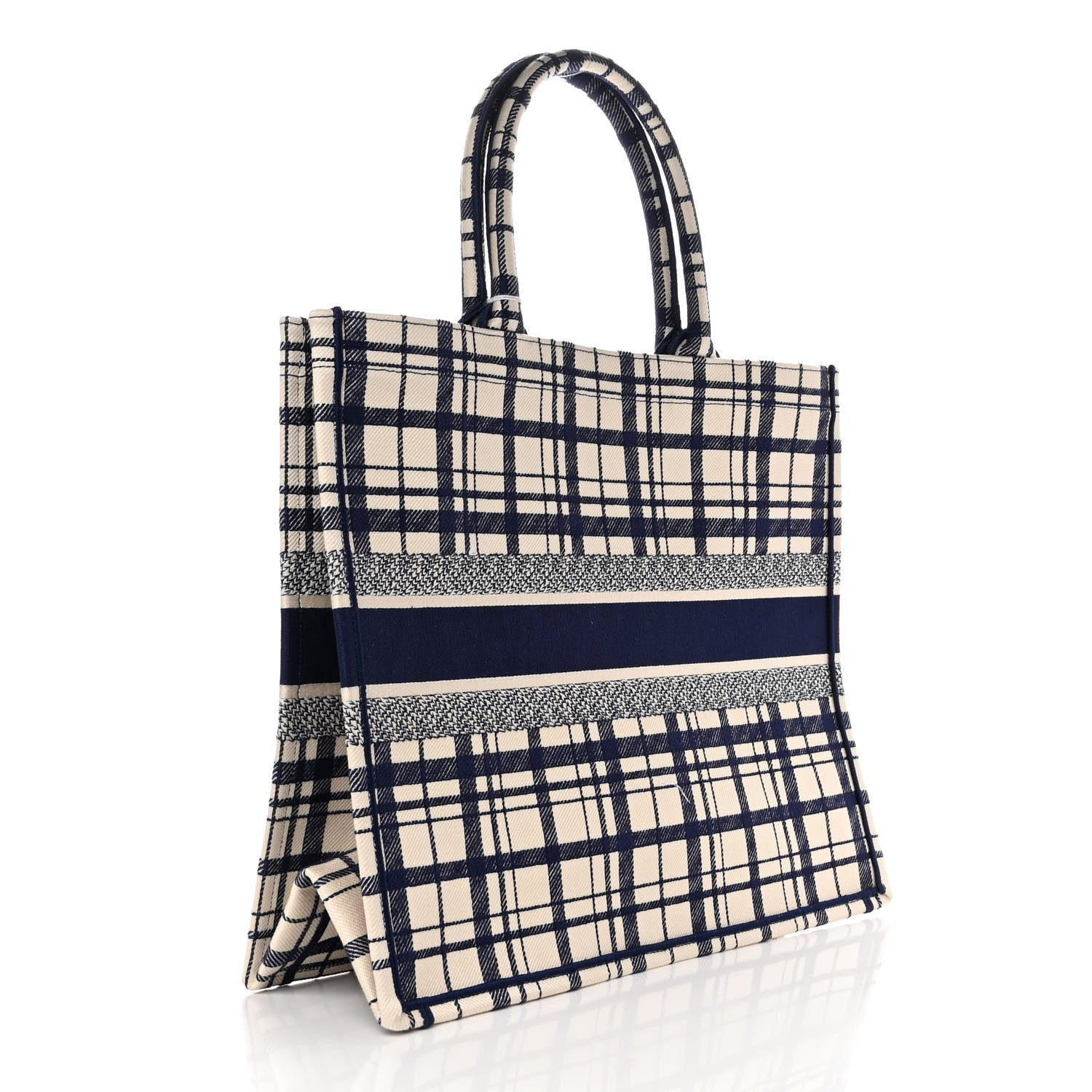 Christian Dior Canvas Embroidered Large Plaid Book Tote Navy 3 of 10