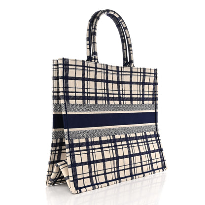 Christian Dior Canvas Embroidered Large Plaid Book Tote Navy 3 of 10