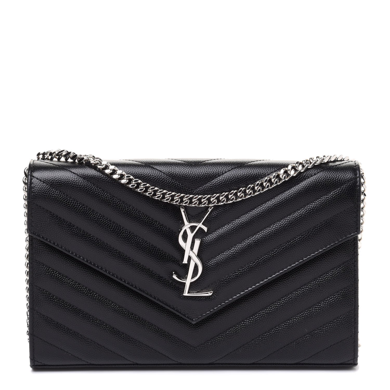 Saint Laurent Grain De Poudre Matelasse Chevron Monogram Chain Wallet Black 1 of 12