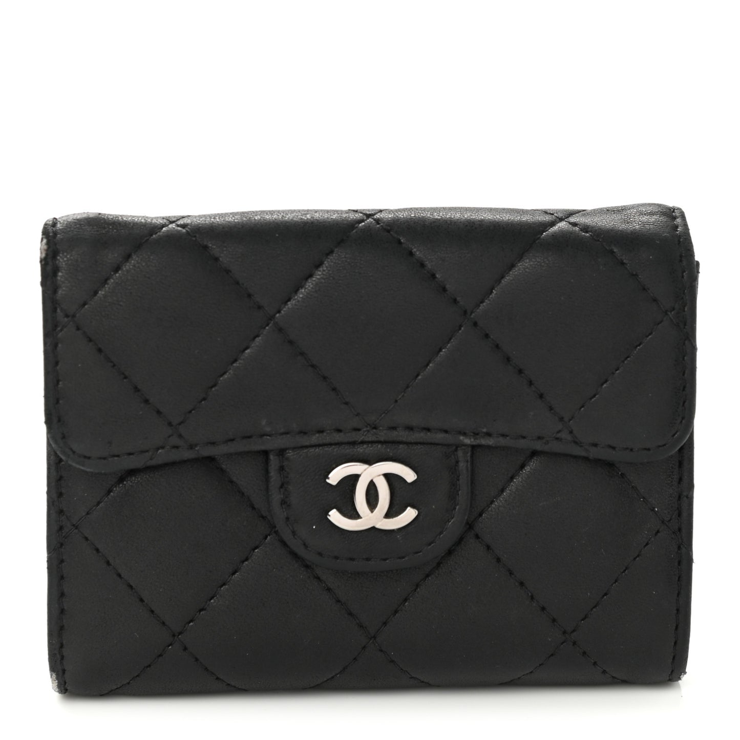 Lambskin Quilted Flap Card Holder Wallet Black
