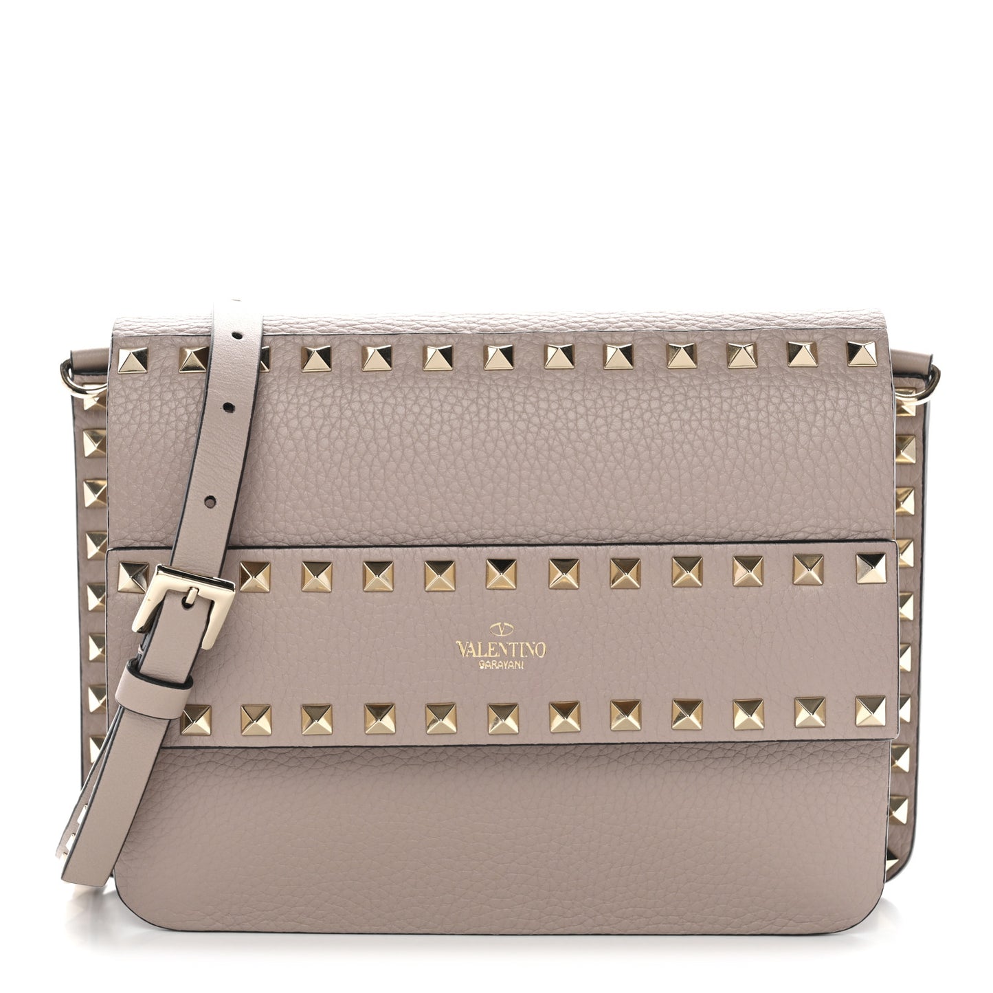 Pebbled Calfskin Rockstud Side Slip Crossbody Poudre