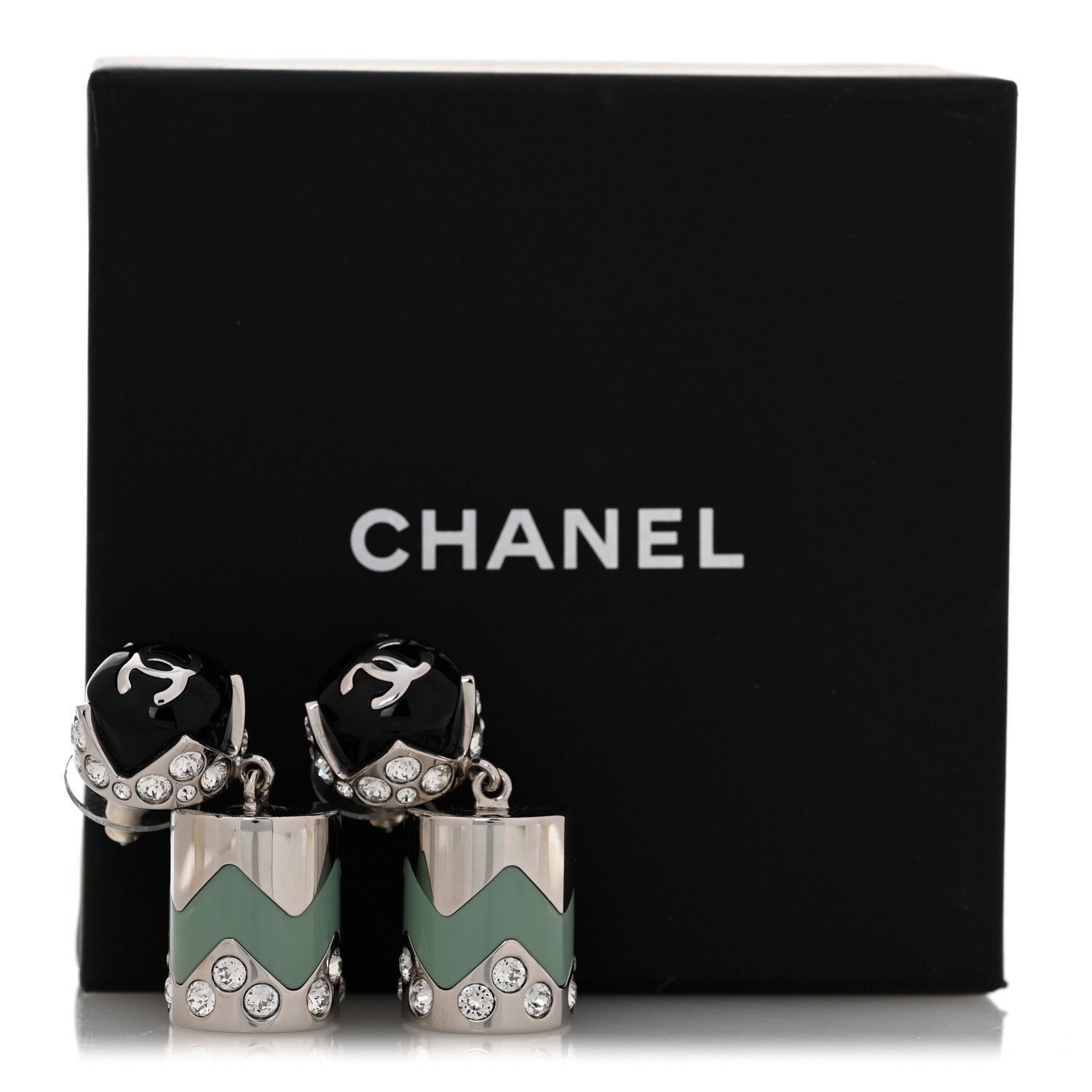 Chanel Metal Resin Crystal CC Pendant Earrings Silver Black Green 5 of 5