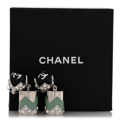 Chanel Metal Resin Crystal CC Pendant Earrings Silver Black Green 5 of 5