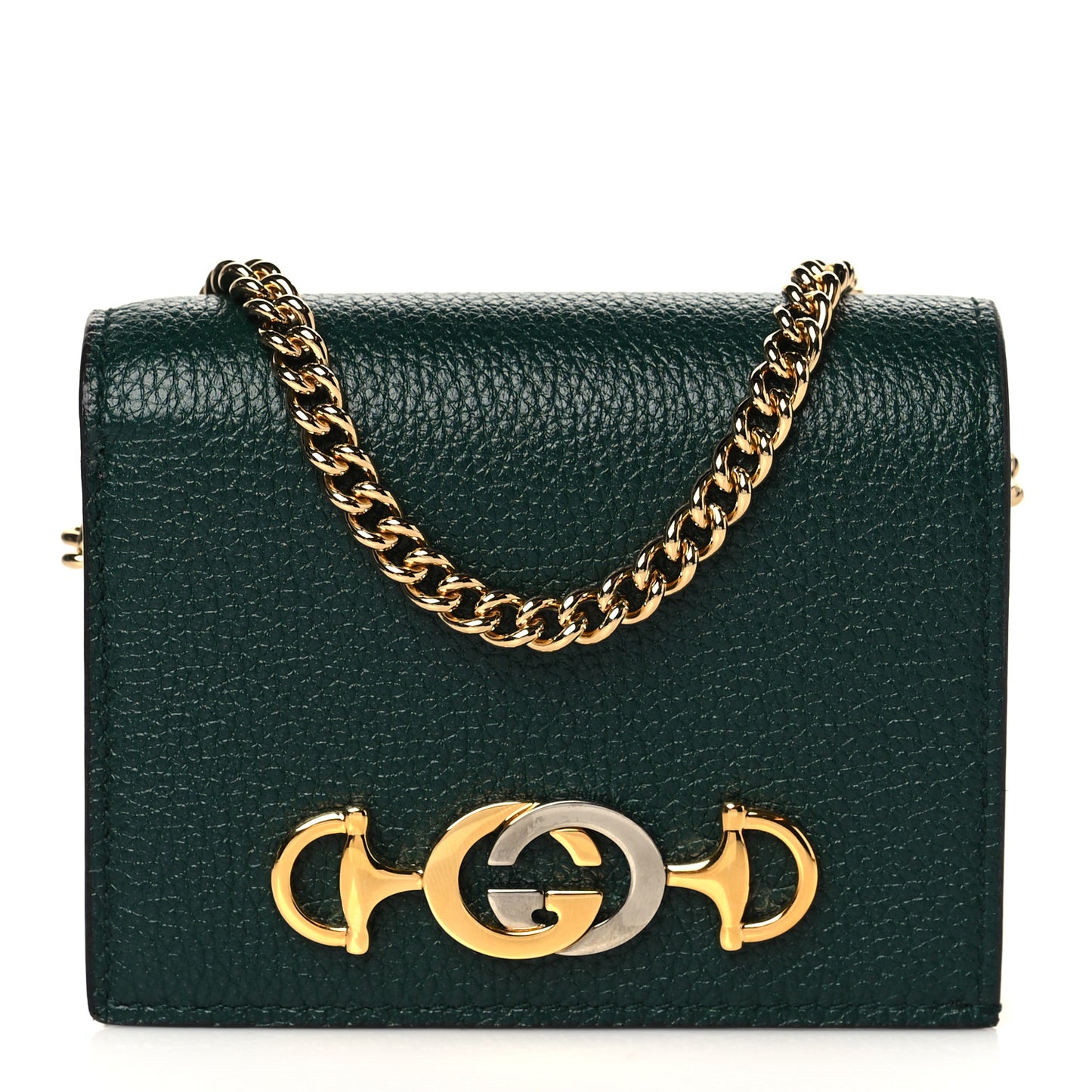 Grainy Calfskin Zumi Chain Card Case Wallet Vintage Green