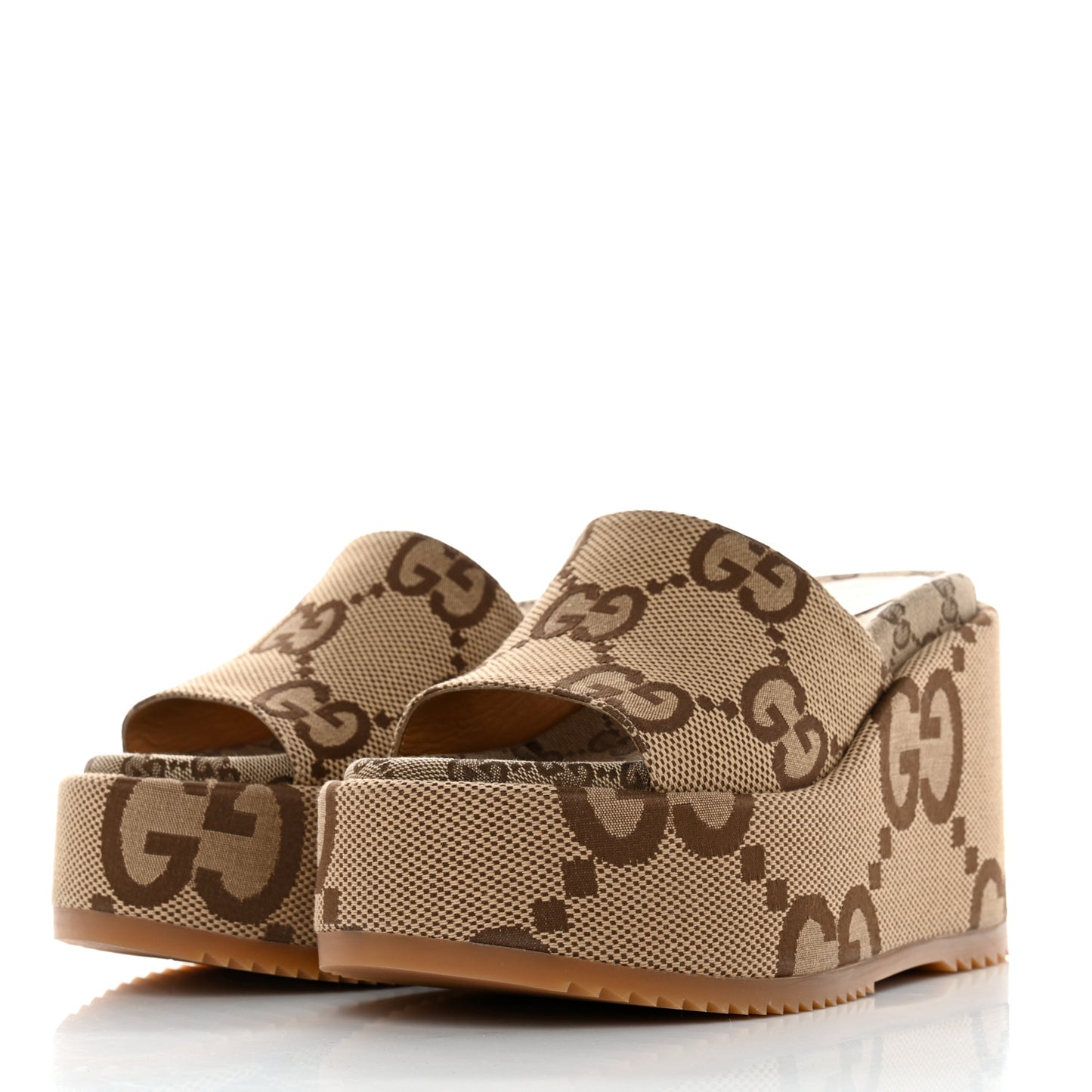 Monogram Jumbo GG Platform Slide Wedge Sandals 37.5 Camel Ebony