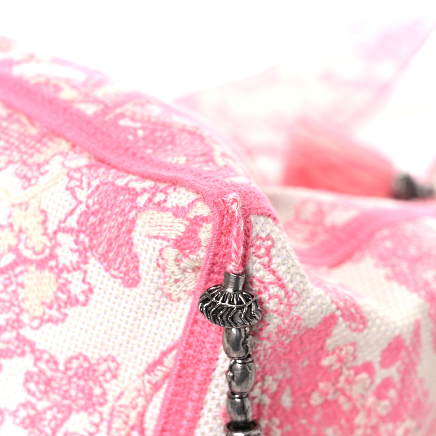 Canvas Reverse Embroidered Toile De Jouy D-Bubble Bucket Bag Peony Pink