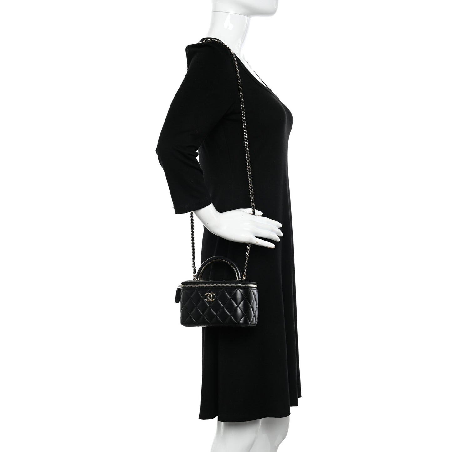 Lambskin Quilted Small Charming Top Handle Vanity Case With Chain Black