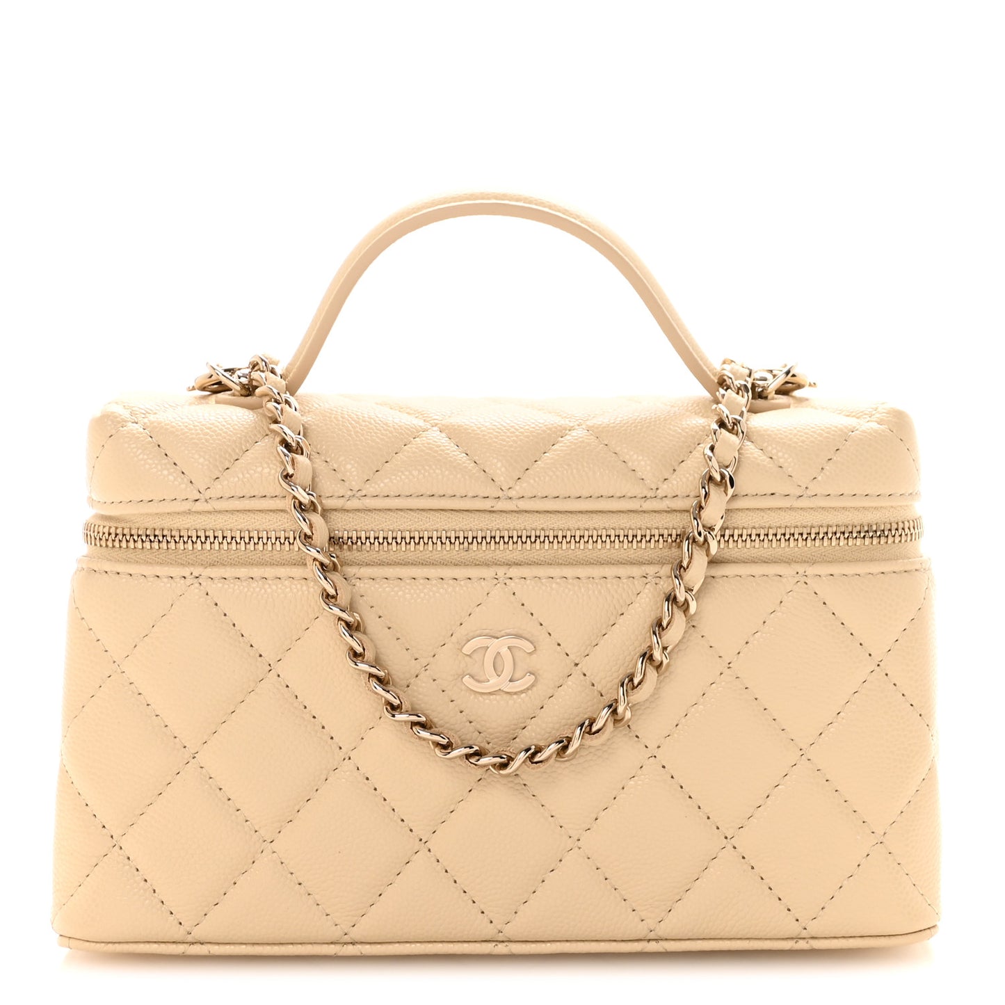 Caviar Quilted Top Handle Slim Vanity With Chain Beige