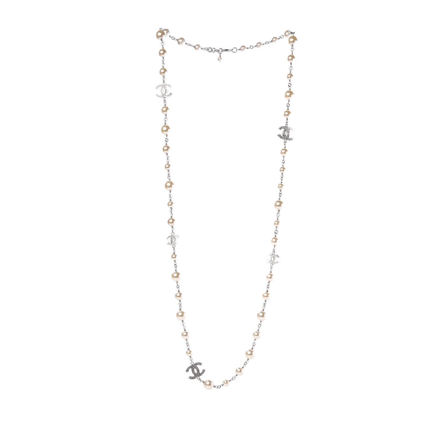 Crystal Pearl CC Long Necklace Silver