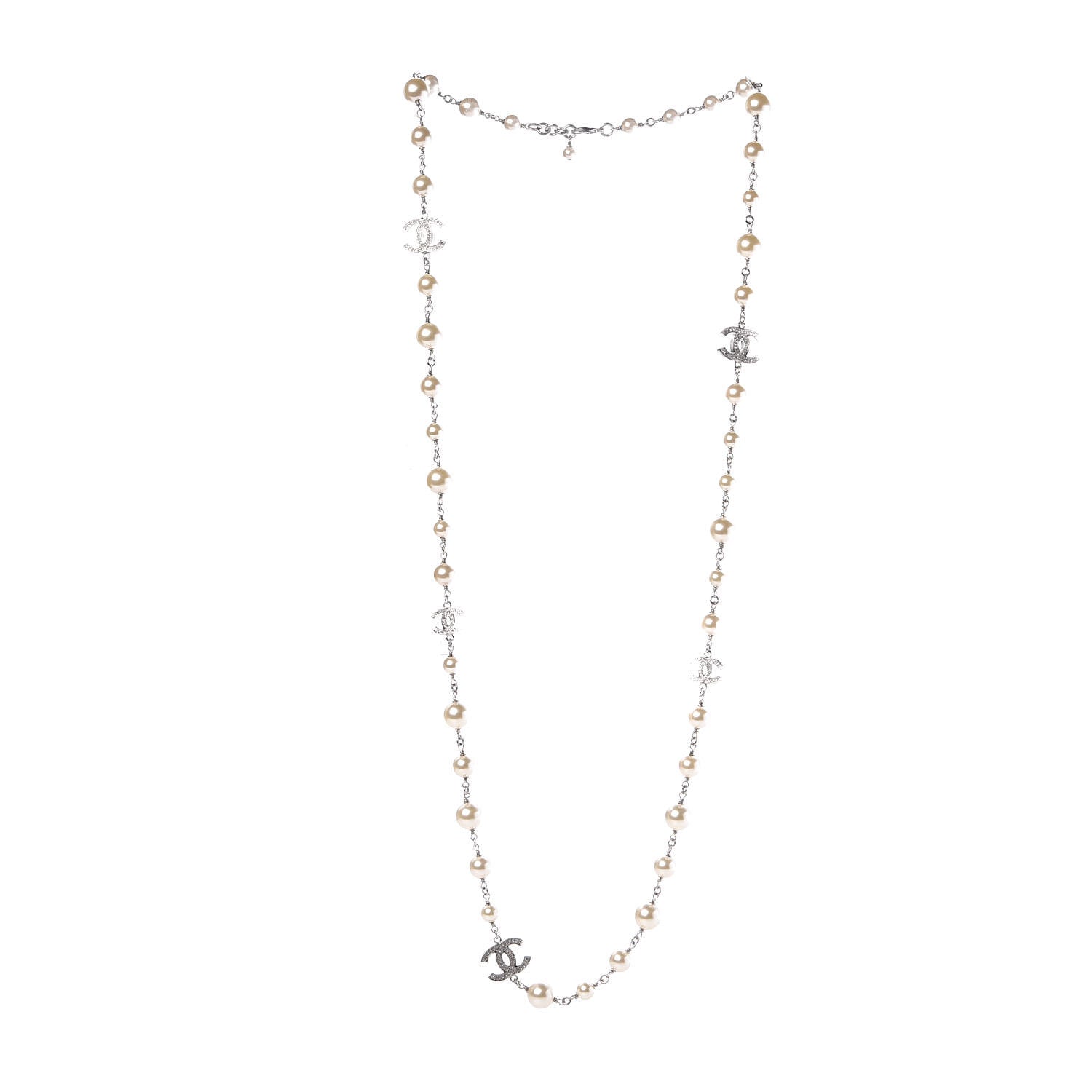 Chanel Crystal Pearl CC Long Necklace Silver 3 of 6
