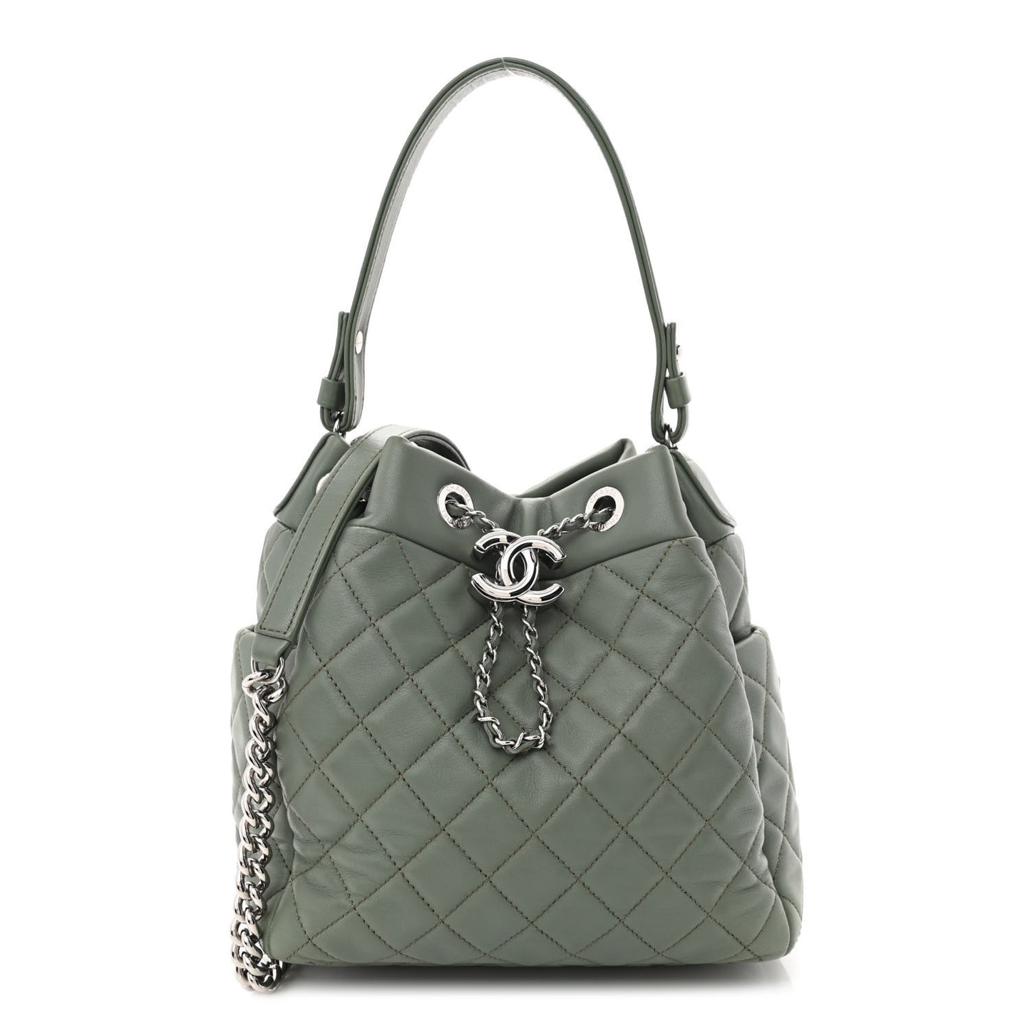 Lambskin Quilted Small CC Chain Bucket Drawstring Bag Green