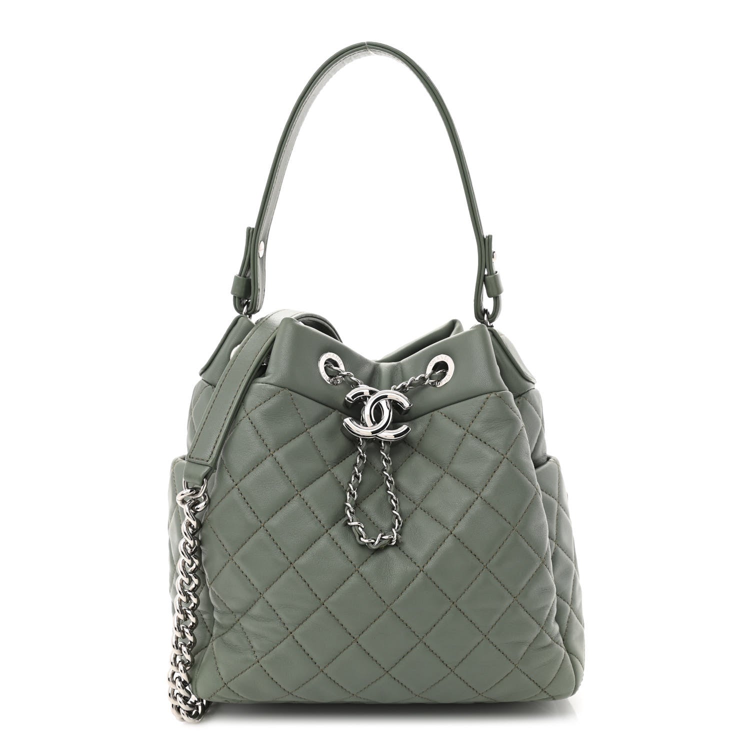 Chanel Lambskin Quilted Small CC Chain Bucket Drawstring Bag Green 1 of 10