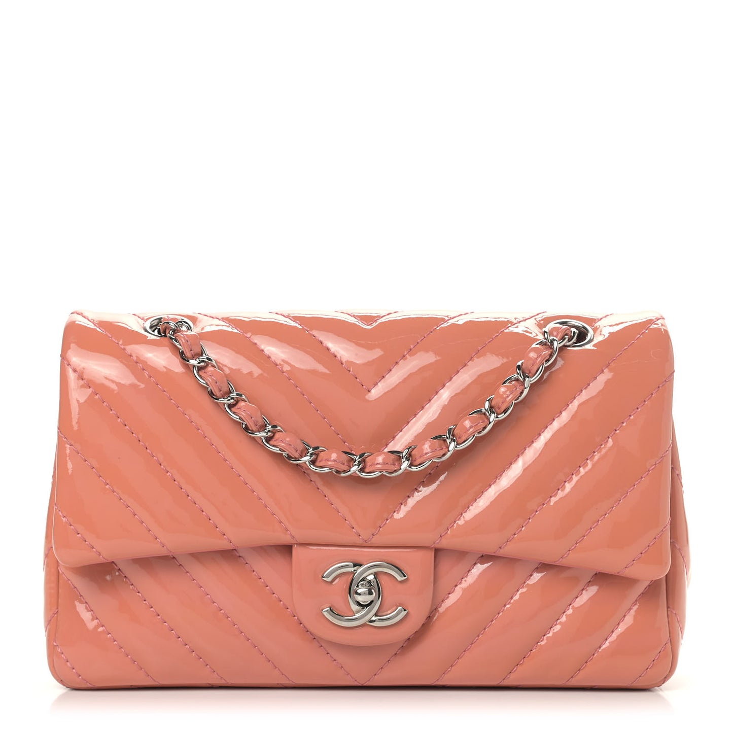 Patent Chevron Quilted Medium Single Flap Pink