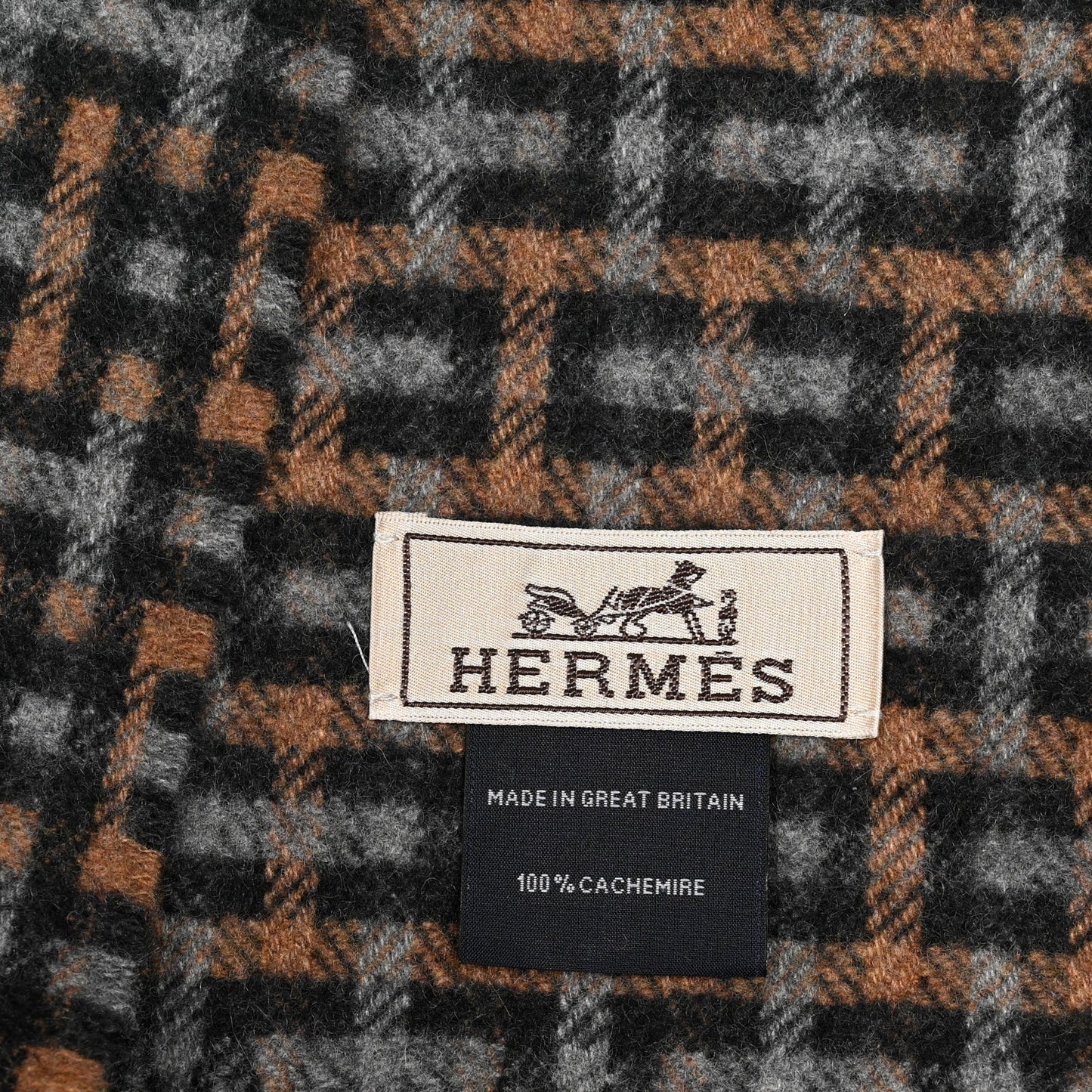 Cashmere H Ecossais Muffler Black Flanelle Camel