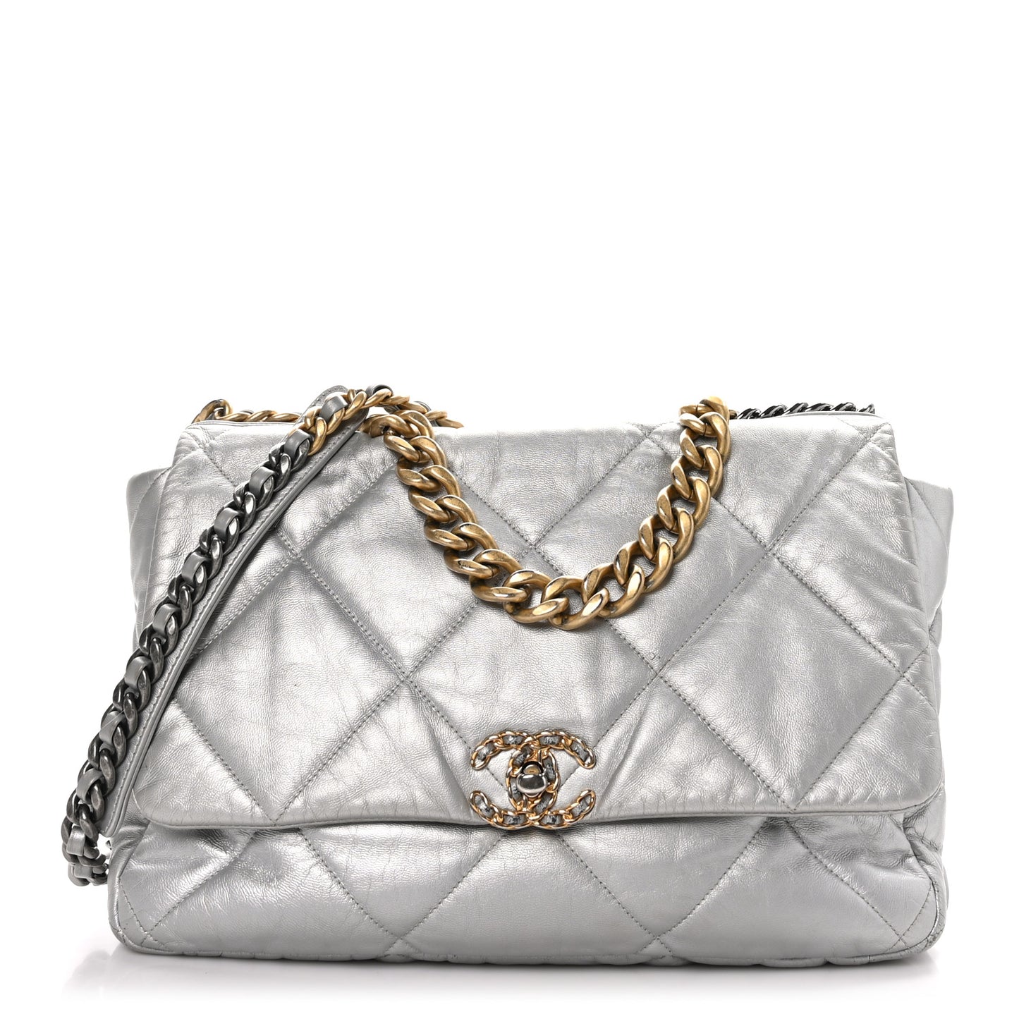 Metallic Goatskin Quilted Maxi 19 Flap Silver
