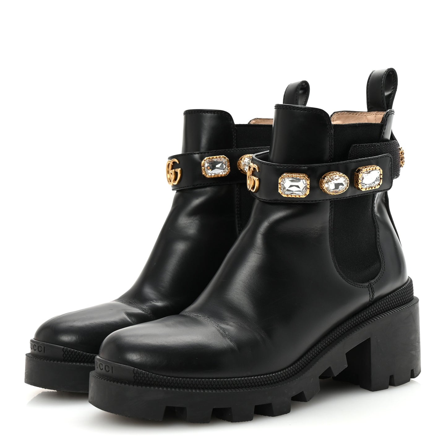 Calfskin Crystal GG Trip Chelsea Ankle Boots 36.5 Black