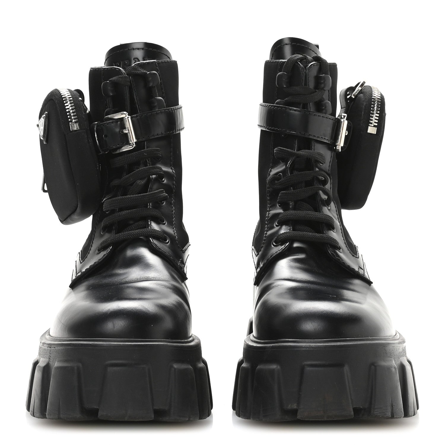 Prada Spazzolato Rois Nylon Metal Triangle Logo Monolith Pouch Pocket 55mm Boots 38 Black 3 of 7