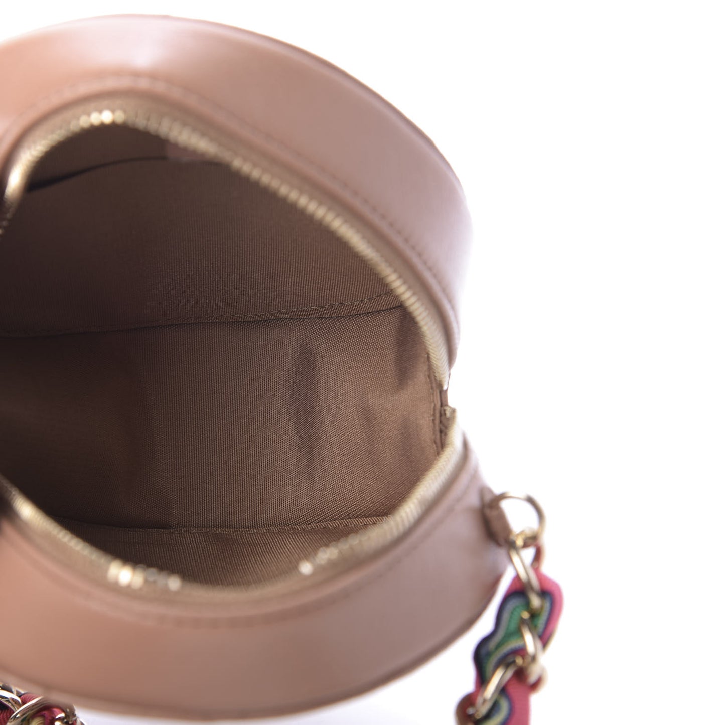 Shiny Lambskin Ribbon Quilted Round Clutch With Chain Brown