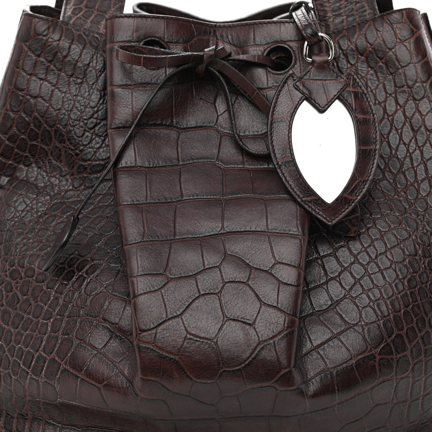 Calfskin Crocodile Embossed Bucket Bag Brown
