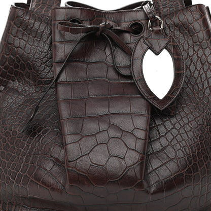 Alaia Calfskin Crocodile Embossed Bucket Bag Brown 7 of 10