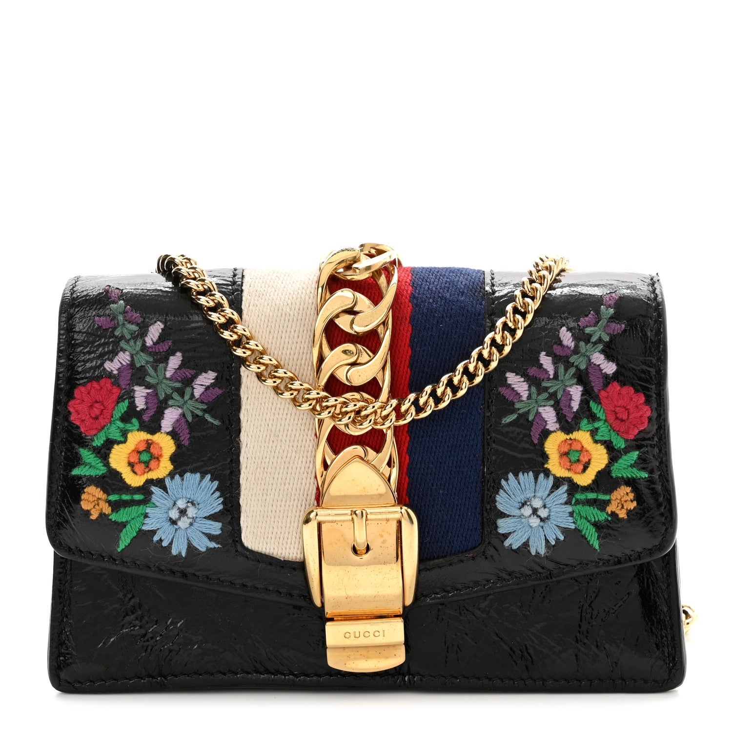 Gucci Calfskin Embroidered Super Mini Chain Shoulder Sylvie Shoulder Bag Black 1 of 10