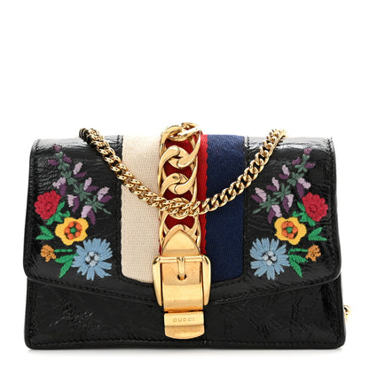 Gucci Calfskin Embroidered Super Mini Chain Shoulder Sylvie Shoulder Bag Black 1 of 10